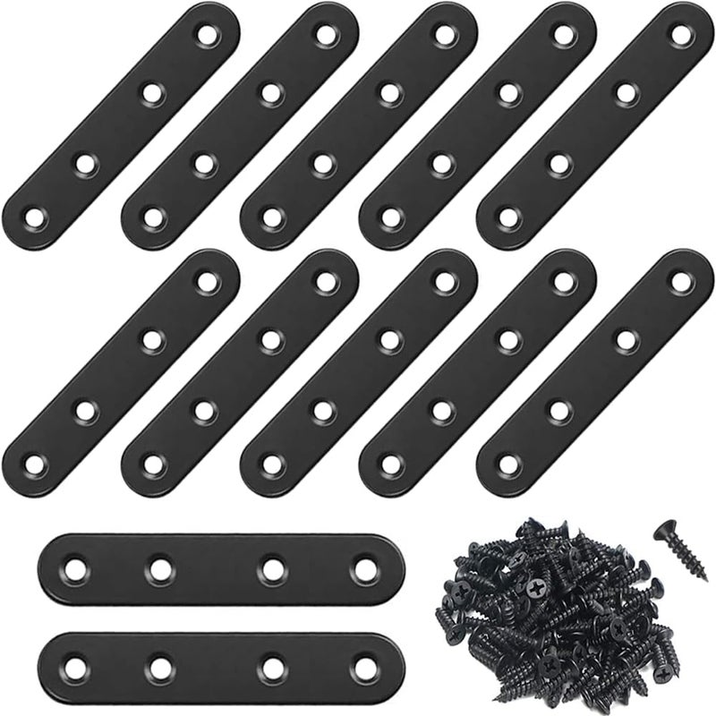 YEWLACA 12Pcs Black Straight Brackets 3 Inch Stainless Steel Flat Brace Mending Plates, Sturdy Metal Repair Fixing Joining Brackets for Wood Furniture with Screws - Image 1